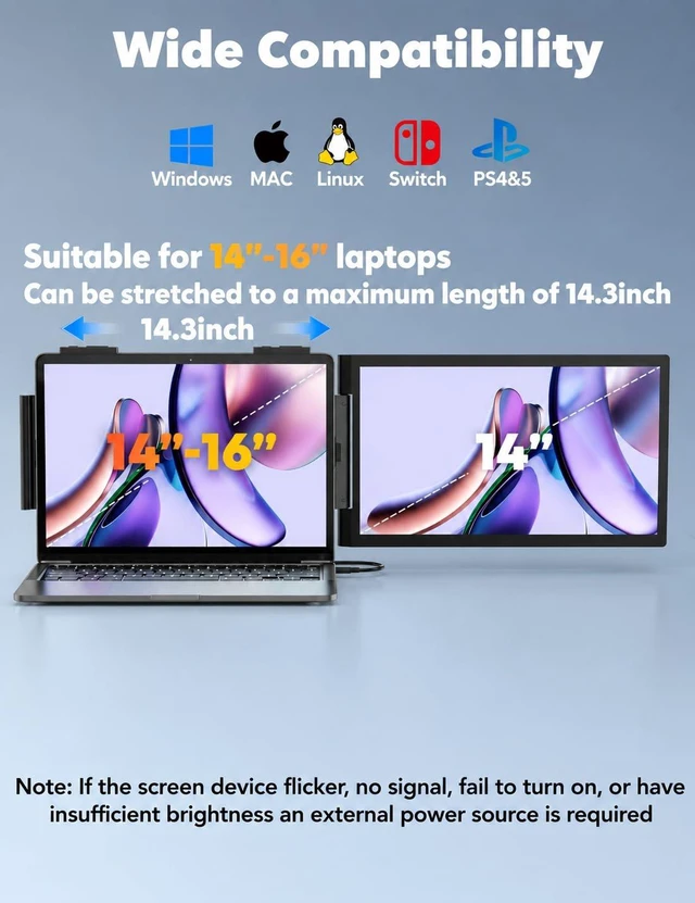 Alt view image 3 of 7 - 14'' Laptop Screen Extender, FHD 1080P IPS Dual Display Portable Monitor for 14-16'' Laptops, USB-C/HDMI, Plug and Play for Windows, Mac, Android, Switch and PS5