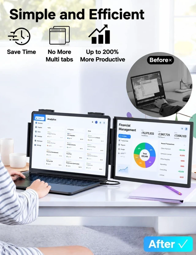 Alt view image 6 of 7 - 14'' Laptop Screen Extender, FHD 1080P IPS Dual Display Portable Monitor for 14-16'' Laptops, USB-C/HDMI, Plug and Play for Windows, Mac, Android, Switch and PS5