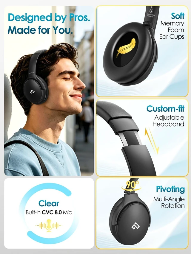 Alt view image 6 of 7 - Over Ear Headphones Active Noise Cancelling Headphones, H1 Wireless Bluetooth Headset, Deep Bass Headset, Low Latency, 90H Playtime, Foldable Headphone for Sport Running Cool Gadgets Gift