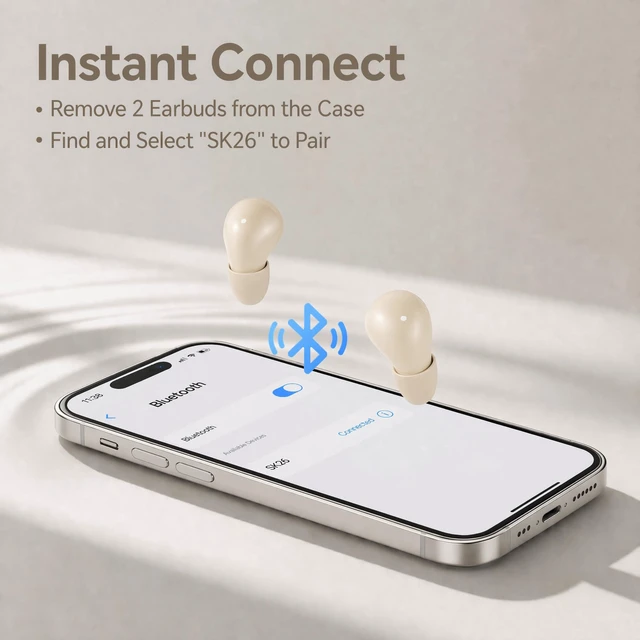 Alt view image 7 of 7 - Mini Invisible Bluetooth Earbuds, Wireless for Small Ears (Beige) SK26 tiny hidden ear buds with premium sound quality, one-step auto pairing, lightweight low-profile fit for all-day wear