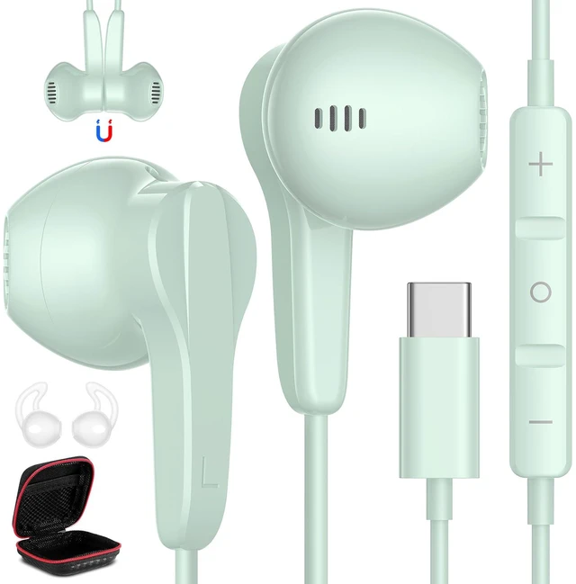 Main image of USB C Headphones Wired for iPhone 17 Air 16 15 18 Pro Max Duo Plus, Green Type C Earphone with Mic Stereo Volume Magnet USBC Wired Earbud for Samsung Galaxy S26 S25 S24 Ultra S23 Fe S22 Flip/Pixel 10