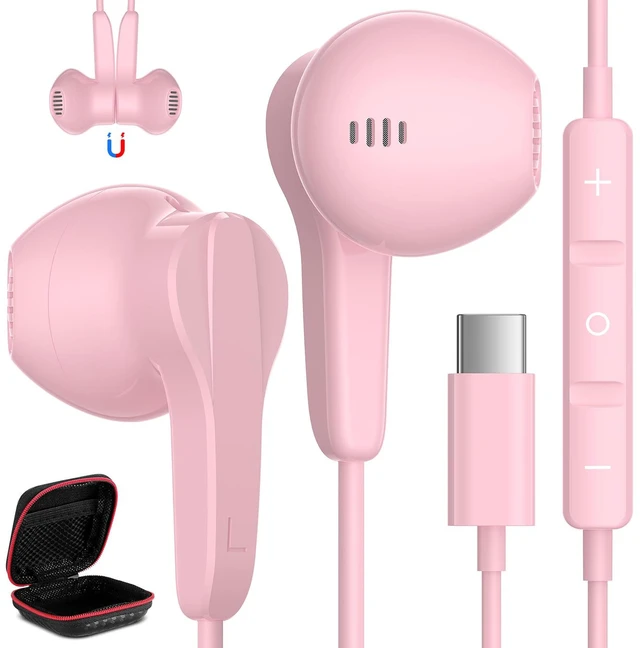 Main image of USB C Headphone for iPhone 17 Air 16 15 18 Pro Max Duo Plus/iPad, Pink Type C Earphone with Mic Stereo Magnet Cute USBC Wired Earbud for Samsung Galaxy S26 S25 S24 Ultra A35 S23 Fe S22+ A17/Pixel