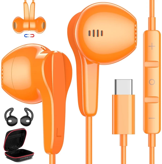 Main image of USB C Headphones Wired for iPhone 17 18 Pro Max Duo Air 16 15 Plus, Orange Type C Earphone with Mic Stereo Magnet USBC Wired Earbuds for Samsung Galaxy S26 S25 S24 Ultra S23 Fe S22+ Fold/Pixel 11 10 9