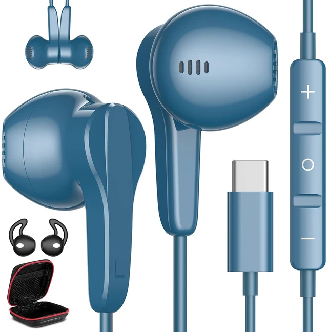 Main image of USB C Headphones Wired for iPhone 17 Air 16 15 18 Pro Max Duo Plus, Blue Type C Earphone with Mic Stereo Volume Magnet USBC Wired Earbud for Samsung Galaxy S26 S25 S24 Ultra S23 Fe S22 Flip/Pixel 11