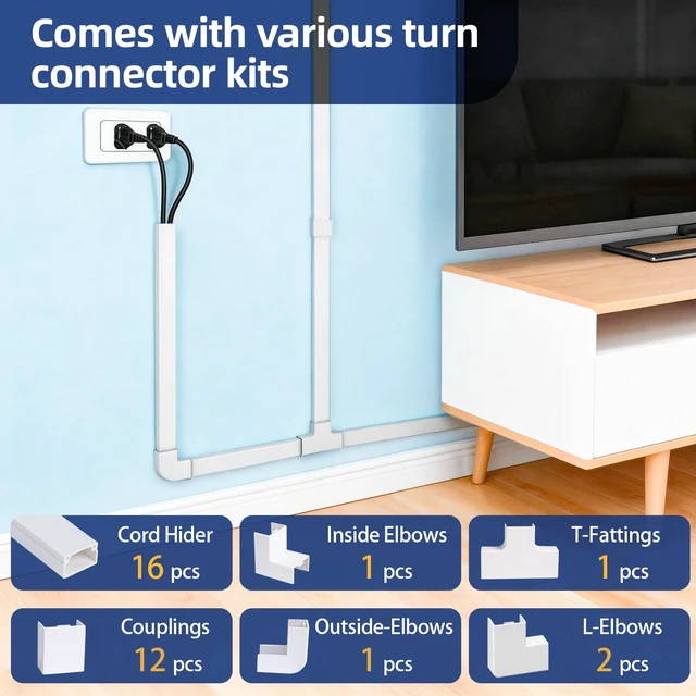 Alt view image 6 of 7 - Cord Hider Kits, 1008 in Cord Covers for Wires on Wall, Paintable Cable Cover Raceways, Cable Concealer Raceway for Home and Office, L 64 X 15.75in W 0.94in H 0.55in, White