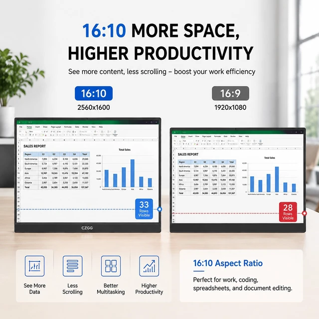 Alt view image 3 of 7 - Portable Monitor 2K for Laptop, 15.6 Inch 2560x1600 QHD Second Screen 16:10 300 Nits 100% sRGB Display, 60Hz, Lightweight Aluminum Body, Built-in Stand Case, USB-C HDMI