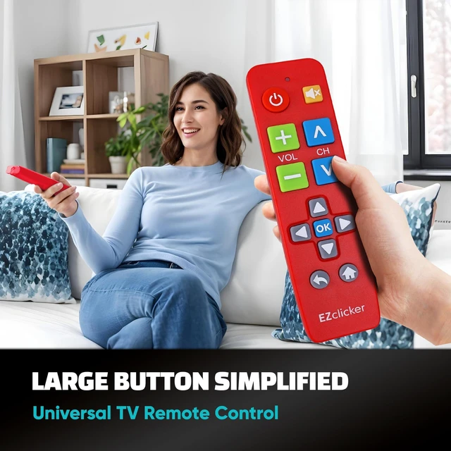 Alt view image 2 of 7 - Big Button Universal TV Remote, Easy to Use for All Ages (Red) Great for Seniors, Works with Major TV Brands (2xAAA Batteries Not Included)