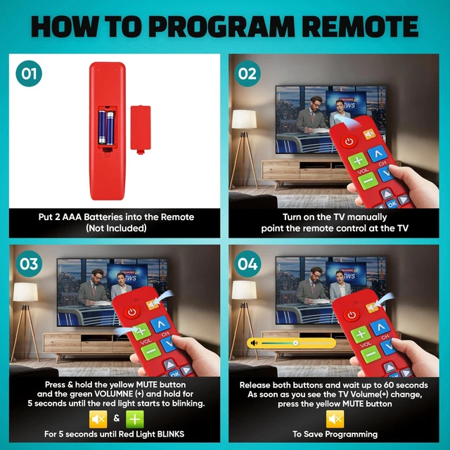 Alt view image 5 of 7 - Big Button Universal TV Remote, Easy to Use for All Ages (Red) Great for Seniors, Works with Major TV Brands (2xAAA Batteries Not Included)