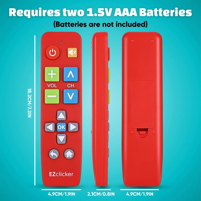 Alt view image 7 of 7 - Big Button Universal TV Remote, Easy to Use for All Ages (Red) Great for Seniors, Works with Major TV Brands (2xAAA Batteries Not Included)