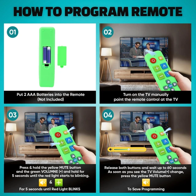 Alt view image 5 of 7 - Big Button Universal TV Remote, Easy to Use for All Ages (Green) Great for Seniors, Works with Major TV Brands (2xAAA Batteries Not Included)