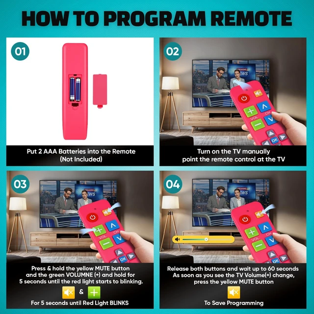 Alt view image 5 of 7 - Big Button Universal TV Remote, Easy to Use for All Ages (Pink) Great for Seniors, Works with Major TV Brands (2xAAA Batteries Not Included)