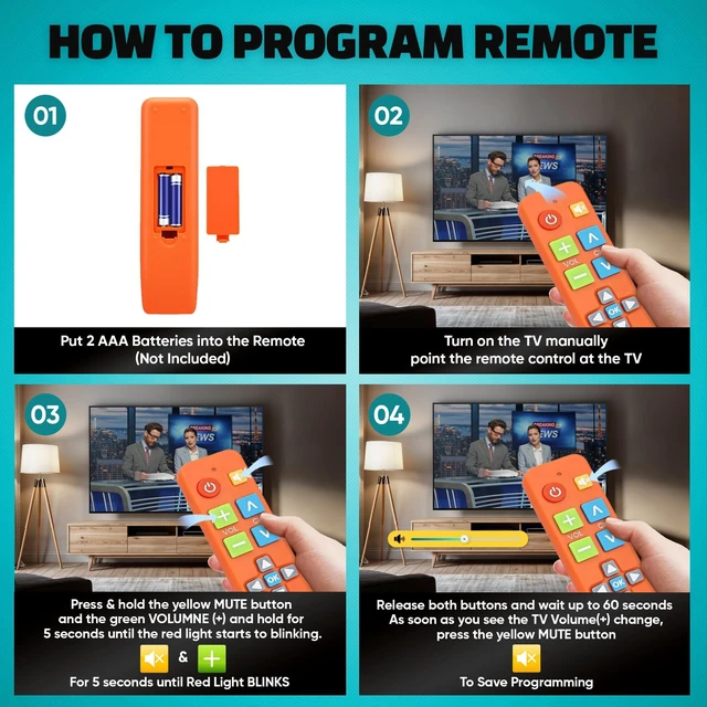 Alt view image 5 of 7 - Big Button Universal TV Remote, Easy to Use for All Ages (Orange) Great for Seniors, Works with Major TV Brands (2xAAA Batteries Not Included)