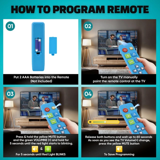 Alt view image 5 of 7 - Big Button Universal TV Remote, Easy to Use for All Ages (Blue) Great for Seniors, Works with Major TV Brands (2xAAA Batteries Not Included)
