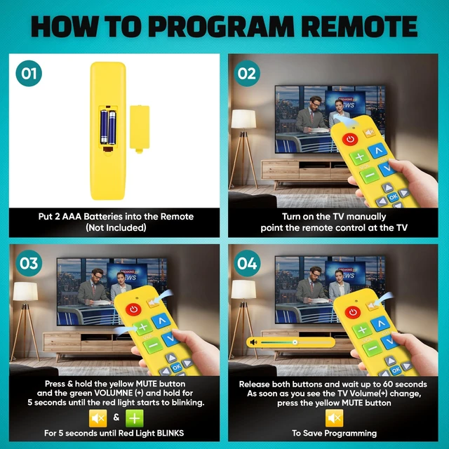 Alt view image 5 of 7 - Big Button Universal TV Remote, Easy to Use for All Ages (Yellow) Great for Seniors, Works with Major TV Brands (2xAAA Batteries Not Included)