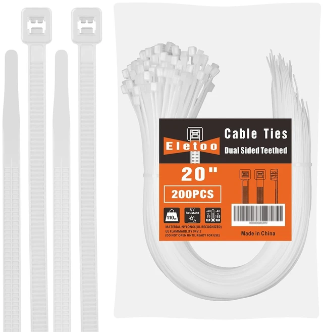 Main image of 20 inch White Zip Ties Heavy Duty 200 Pack Long Cable Ties 100 LBS Extra Strong, UV Resistant Cable Ties, Clear Zip Ties, Weatherproof, Self-Locking for Indoor and Outdoor