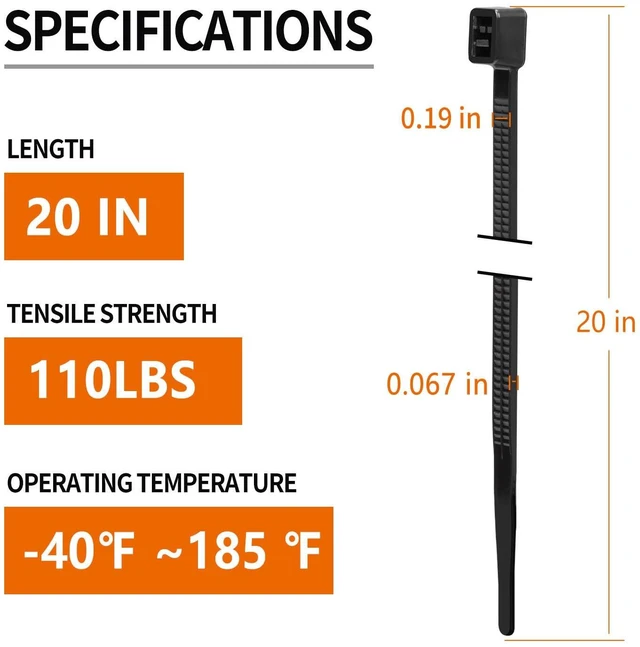 Alt view image 2 of 7 - 20 inch White Zip Ties Heavy Duty 200 Pack Long Cable Ties 100 LBS Extra Strong, UV Resistant Cable Ties, Clear Zip Ties, Weatherproof, Self-Locking for Indoor and Outdoor