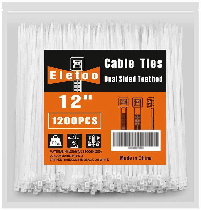 Main image of 12 Inch Black or White Zip Ties 1200 Pack Cable Ties 110 LBS Shipped Randomly in Black or White, Heavy Duty, UV Resistant Clear Zip Ties Self-Locking for Indoor and Outdoor