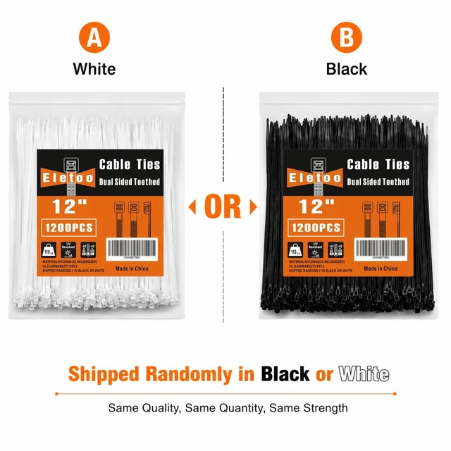 Alt view image 2 of 7 - 12 Inch Black or White Zip Ties 1200 Pack Cable Ties 110 LBS Shipped Randomly in Black or White, Heavy Duty, UV Resistant Clear Zip Ties Self-Locking for Indoor and Outdoor