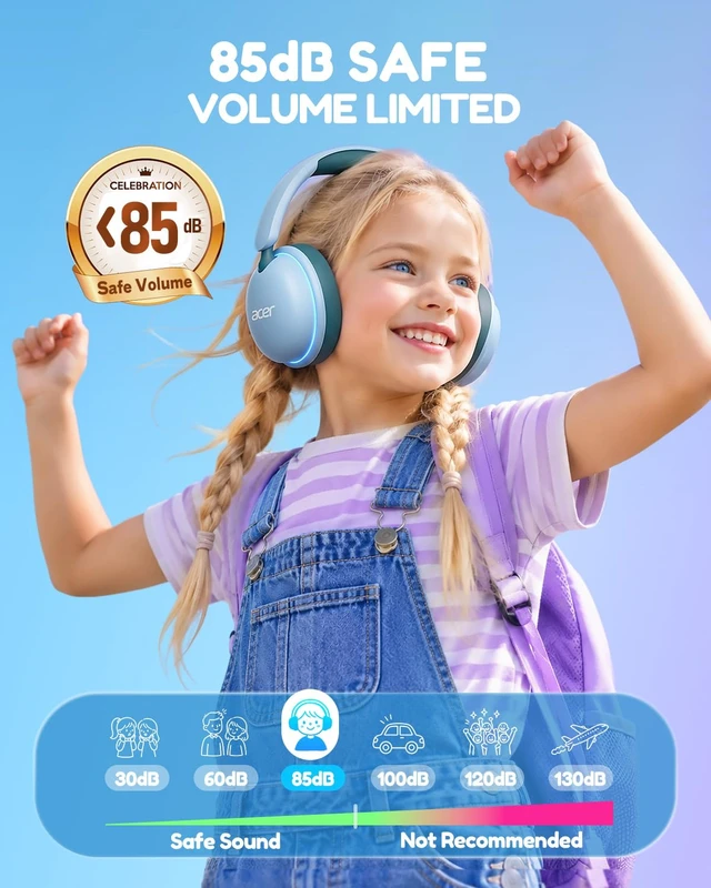 Alt view image 3 of 7 - OHR727 Kids Bluetooth Headphones Travel, OverEar Comfort Design 85dB Safe Volume, 110H Playtime with LED Lights, Bluetooth 6.0, Built-in Mic, for iPad Tablet Travel School Green