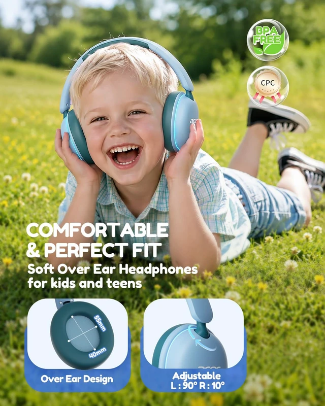 Alt view image 2 of 7 - OHR727 Kids Bluetooth Headphones Travel, OverEar Comfort Design 85dB Safe Volume, 110H Playtime with LED Lights, Bluetooth 6.0, Built-in Mic, for iPad Tablet Travel School Green