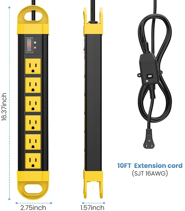 Alt view image 3 of 7 - GFCI Outdoor Power Strip Weatherproof IPX6 Waterproof, Yellow 10FT Surge Protector 2700J with 6 Plug Extender Port, Exterior Long Extension Cord with Multiple Outlet for Garden Christmas Decor