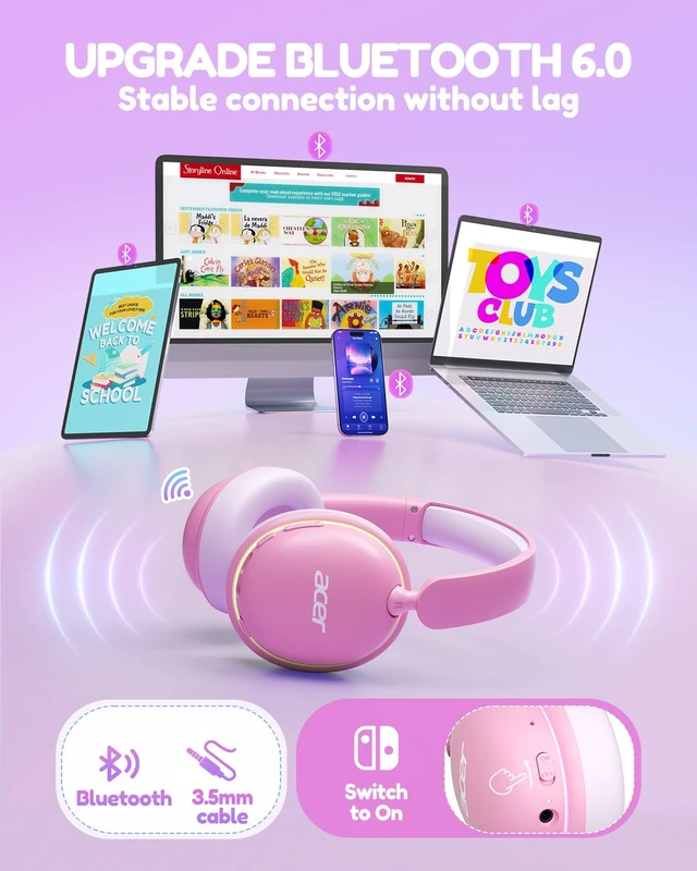 Alt view image 7 of 7 - OHR727 Kids Bluetooth Headphones Travel, OverEar Comfort Design 85dB Safe Volume, 110H Playtime with LED Lights, Bluetooth 6.0, Built-in Mic, for iPad Tablet Travel School Pink