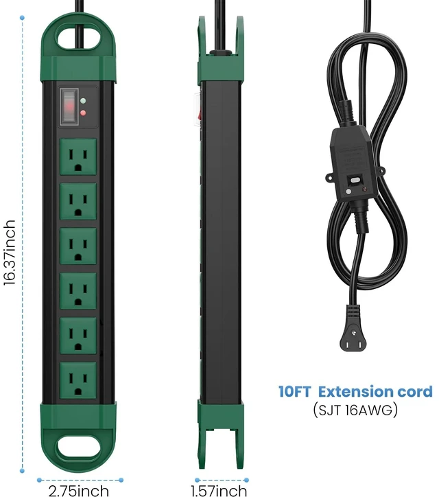 Alt view image 3 of 7 - GFCI Outdoor Power Strip Weatherproof IPX6 Waterproof, Green 10FT Surge Protector 2700J with 6 Plug Extender Port, Exterior Long Extension Cord with Multiple Outlet for Garden Christmas Decor