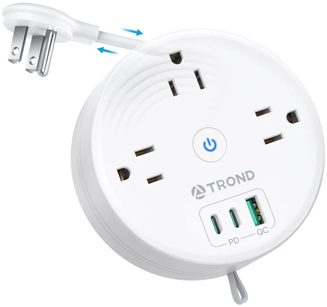 Main image of 20W USB C Travel Power Strip, Retractable Extension Cord 5ft Power Strip with 3 AC Outlets and 3 USB Ports, Ultra Thin Flat Plug, Cruise Ship Essentials, for Home Hotel Dorm Room, White