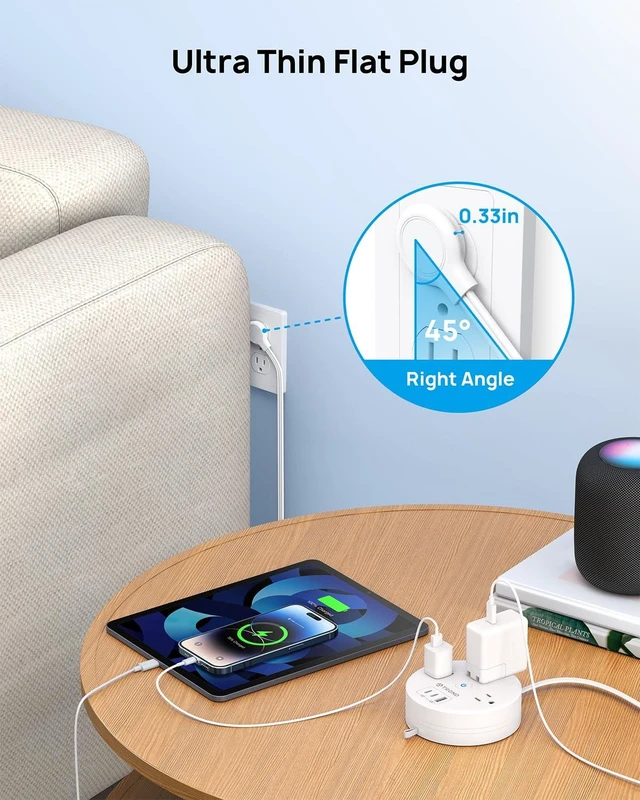 Alt view image 4 of 7 - 20W USB C Travel Power Strip, Retractable Extension Cord 5ft Power Strip with 3 AC Outlets and 3 USB Ports, Ultra Thin Flat Plug, Cruise Ship Essentials, for Home Hotel Dorm Room, White