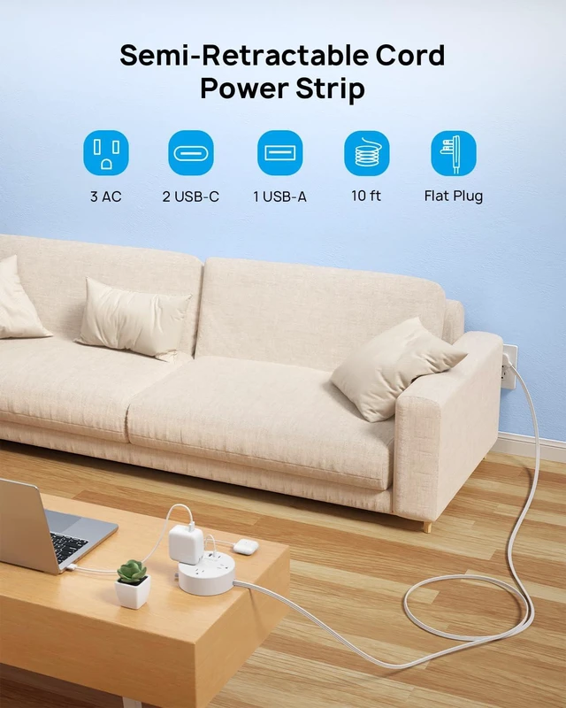 Alt view image 2 of 7 - Flat Plug Power Strip, Extension Cord 10FT Partially-Retractable Power Strip with 3 AC Outlets 3 USB Ports (2 USB C), Cruise Ship Essentials, Desktop Charging Station for Home, Hotel, Dorm
