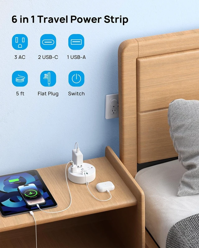 Alt view image 7 of 7 - 20W USB C Travel Power Strip, Retractable Extension Cord 5ft Power Strip with 3 AC Outlets and 3 USB Ports, Ultra Thin Flat Plug, Cruise Ship Essentials, for Home Hotel Dorm Room, White