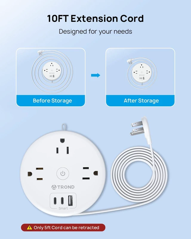 Alt view image 3 of 7 - Flat Plug Power Strip, Extension Cord 10FT Partially-Retractable Power Strip with 3 AC Outlets 3 USB Ports (2 USB C), Cruise Ship Essentials, Desktop Charging Station for Home, Hotel, Dorm