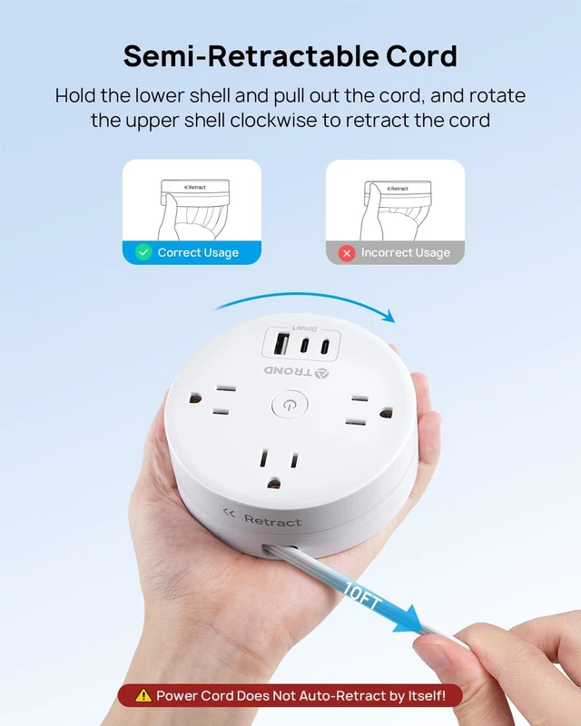 Alt view image 6 of 7 - Flat Plug Power Strip, Extension Cord 10FT Partially-Retractable Power Strip with 3 AC Outlets 3 USB Ports (2 USB C), Cruise Ship Essentials, Desktop Charging Station for Home, Hotel, Dorm