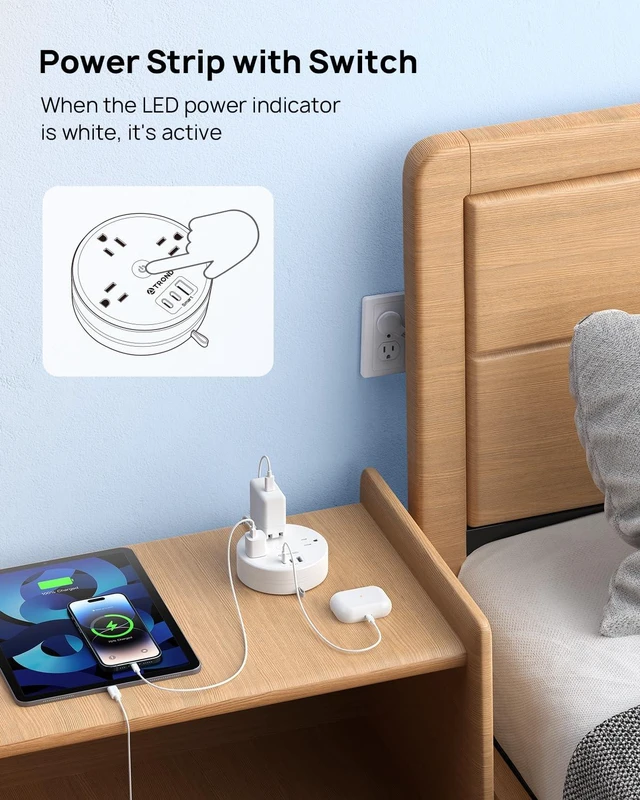 Alt view image 7 of 7 - Flat Plug Power Strip, Extension Cord 10FT Partially-Retractable Power Strip with 3 AC Outlets 3 USB Ports (2 USB C), Cruise Ship Essentials, Desktop Charging Station for Home, Hotel, Dorm