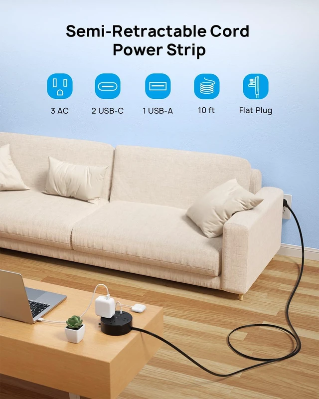 Alt view image 2 of 7 - Power Strip Flat Plug, Extension Cord 10FT Semi-Retractable Power Strip with 3 AC Outlets 3 USB Ports (2 USB C), Ultra Thin Flat Plug, Cruise Ship Essentials, for Home, Hotel, Office