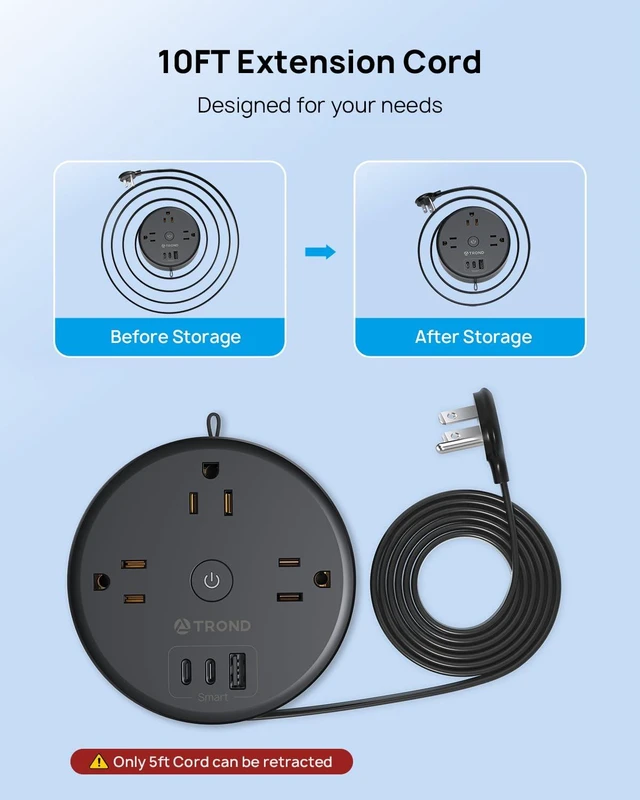 Alt view image 3 of 7 - Power Strip Flat Plug, Extension Cord 10FT Semi-Retractable Power Strip with 3 AC Outlets 3 USB Ports (2 USB C), Ultra Thin Flat Plug, Cruise Ship Essentials, for Home, Hotel, Office
