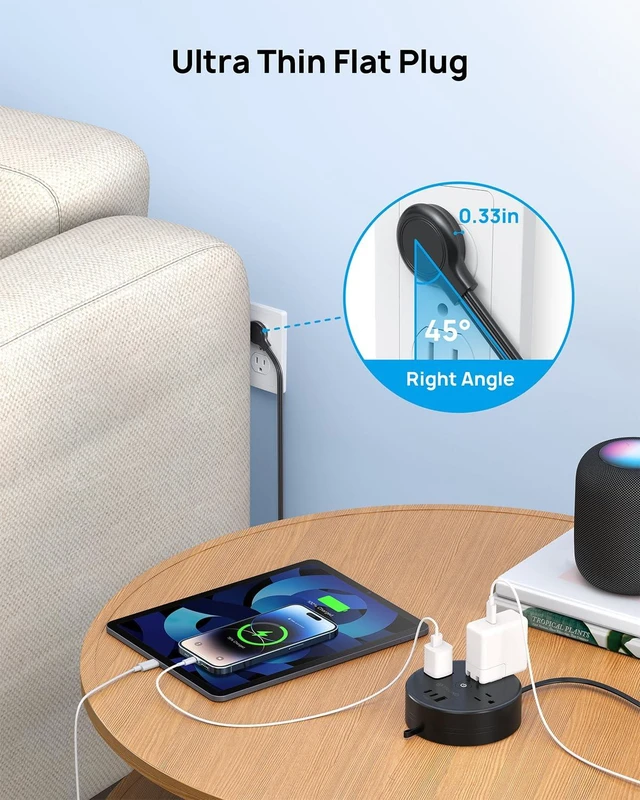 Alt view image 4 of 7 - Power Strip Flat Plug, Extension Cord 10FT Semi-Retractable Power Strip with 3 AC Outlets 3 USB Ports (2 USB C), Ultra Thin Flat Plug, Cruise Ship Essentials, for Home, Hotel, Office