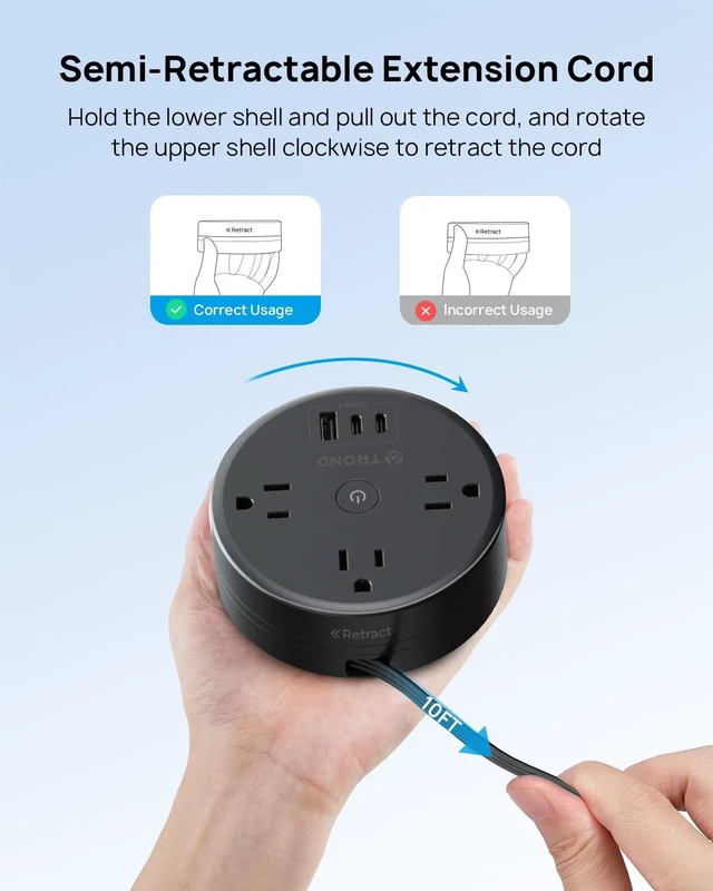 Alt view image 6 of 7 - Power Strip Flat Plug, Extension Cord 10FT Semi-Retractable Power Strip with 3 AC Outlets 3 USB Ports (2 USB C), Ultra Thin Flat Plug, Cruise Ship Essentials, for Home, Hotel, Office