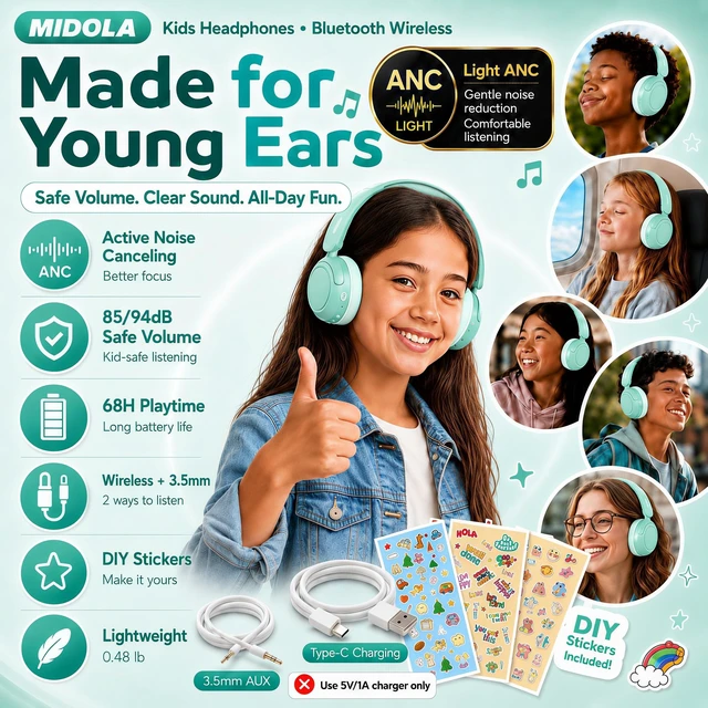 Alt view image 2 of 7 - Kids Bluetooth Headphones Wireless Over-Ear,Active Noise Cancelling,Green 68Hrs,Volume Limit 85/94dB,Built-in Mic,Adjustable Headband Foldable Lightweight for Toddler School Girls Boys,Stereo Sound