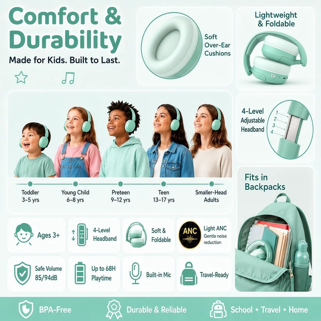 Alt view image 5 of 7 - Kids Bluetooth Headphones Wireless Over-Ear,Active Noise Cancelling,Green 68Hrs,Volume Limit 85/94dB,Built-in Mic,Adjustable Headband Foldable Lightweight for Toddler School Girls Boys,Stereo Sound