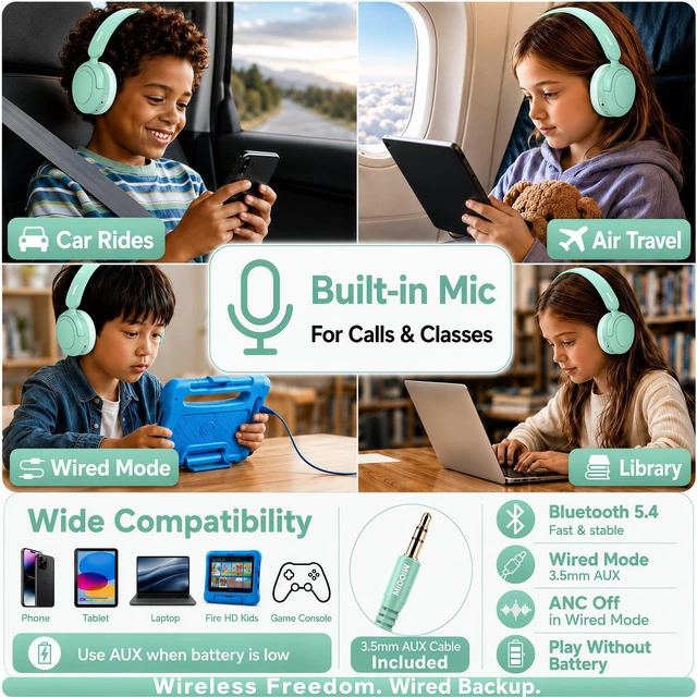 Alt view image 7 of 7 - Kids Bluetooth Headphones Wireless Over-Ear,Active Noise Cancelling,Green 68Hrs,Volume Limit 85/94dB,Built-in Mic,Adjustable Headband Foldable Lightweight for Toddler School Girls Boys,Stereo Sound