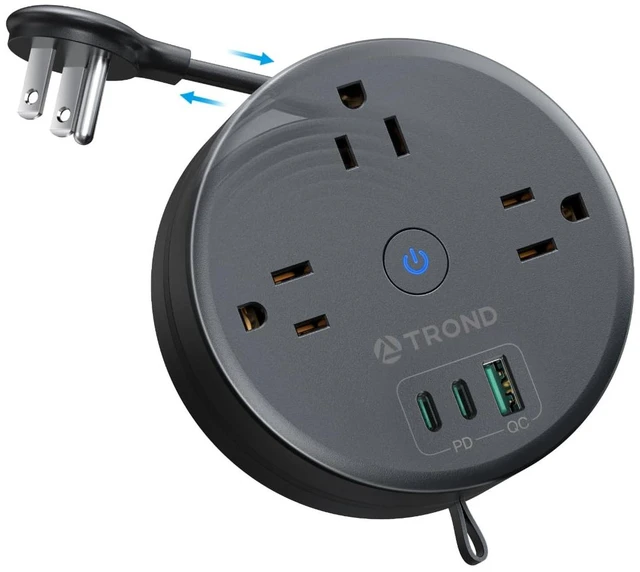 Main image of 20W USB C Travel Power Strip, Retractable Extension Cord 5ft Power Strip with 3 AC Outlets and 3 USB C Ports, Cruise Essentials, Ultra Thin Flat Plug, for Home Hotel Dorm Room, Black