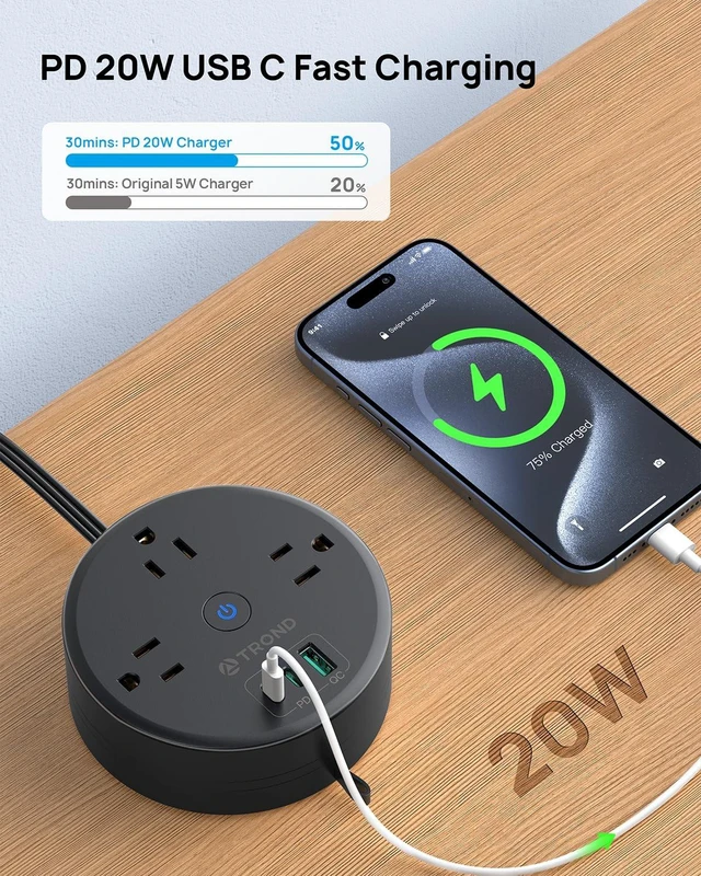 Alt view image 2 of 7 - 20W USB C Travel Power Strip, Retractable Extension Cord 5ft Power Strip with 3 AC Outlets and 3 USB C Ports, Cruise Essentials, Ultra Thin Flat Plug, for Home Hotel Dorm Room, Black