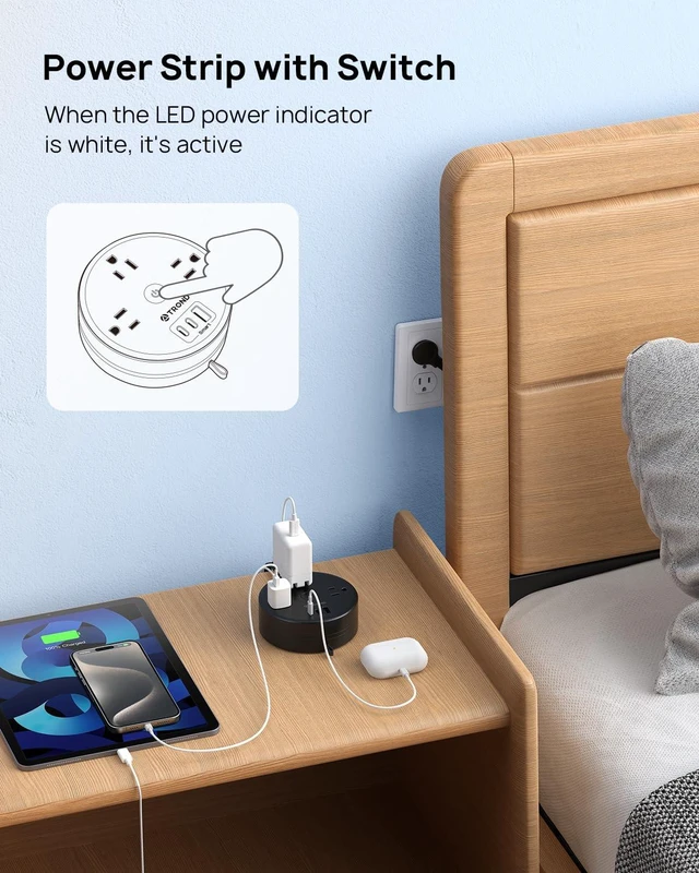 Alt view image 7 of 7 - Power Strip Flat Plug, Extension Cord 10FT Semi-Retractable Power Strip with 3 AC Outlets 3 USB Ports (2 USB C), Ultra Thin Flat Plug, Cruise Ship Essentials, for Home, Hotel, Office
