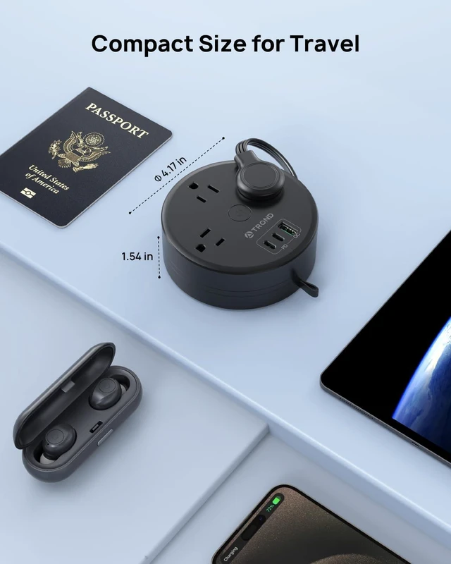 Alt view image 6 of 7 - 20W USB C Travel Power Strip, Retractable Extension Cord 5ft Power Strip with 3 AC Outlets and 3 USB C Ports, Cruise Essentials, Ultra Thin Flat Plug, for Home Hotel Dorm Room, Black