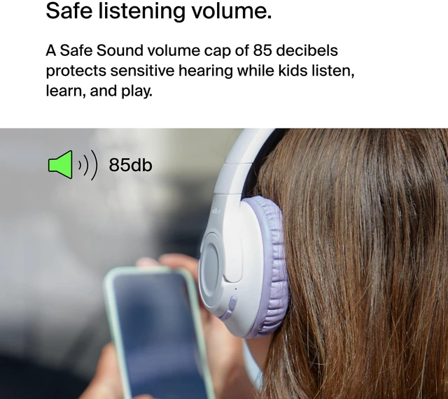 Alt view image 4 of 7 - SoundForm Inspire Bluetooth Kids Headphones, 35H Battery Life Over-ear wireless headset, built-in mic, 85dB safe volume limit, online learning, travel, iPad, iPhone, Galaxy