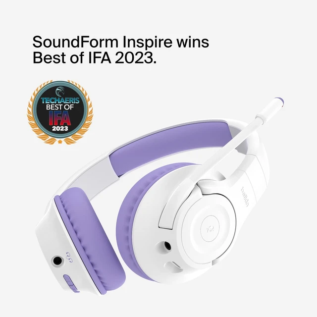 Alt view image 2 of 7 - SoundForm Inspire Bluetooth Kids Headphones, 35H Battery Life Over-ear wireless headset, built-in mic, 85dB safe volume limit, online learning, travel, iPad, iPhone, Galaxy