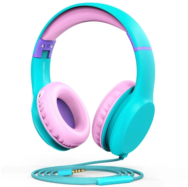 Main image of Kids Headphones with 3.5mm Laced Cables, Children & Teens Over The Ear Foldable Adjustable Headset w/Built-in Mic for Smartphones/PC/Tablet/Laptop/School (Max Volume 85dB) - Mint/Pink