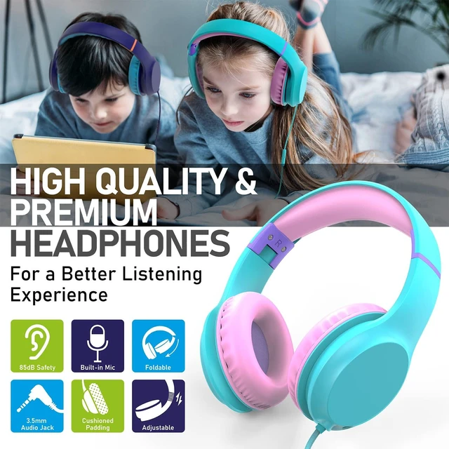 Alt view image 2 of 7 - Kids Headphones with 3.5mm Laced Cables, Children & Teens Over The Ear Foldable Adjustable Headset w/Built-in Mic for Smartphones/PC/Tablet/Laptop/School (Max Volume 85dB) - Mint/Pink