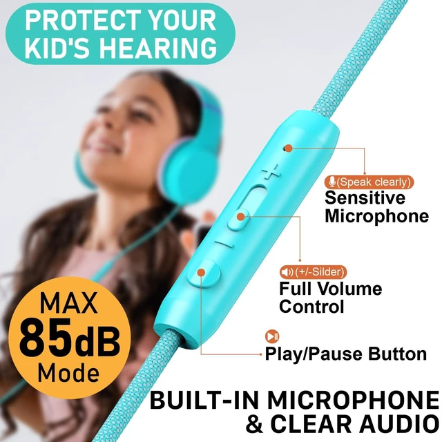 Alt view image 3 of 7 - Kids Headphones with 3.5mm Laced Cables, Children & Teens Over The Ear Foldable Adjustable Headset w/Built-in Mic for Smartphones/PC/Tablet/Laptop/School (Max Volume 85dB) - Mint/Pink